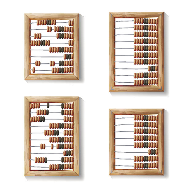 算盘套装矢量图：经典木制旧算盘的真实插图，算术工具设备素材图片