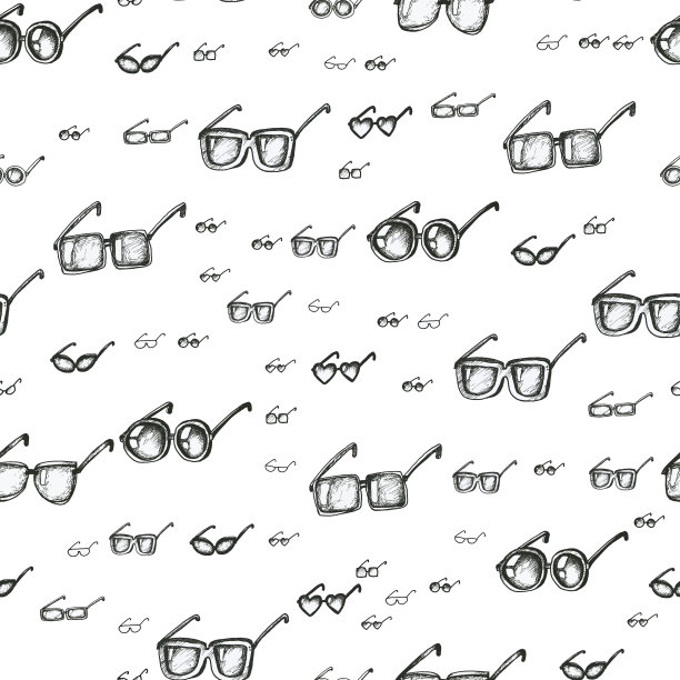 不同眼镜类型无缝图案，手绘涂鸦风格矢量。黑白素描插图。方形、圆形、星形和心形的眼镜图片下载