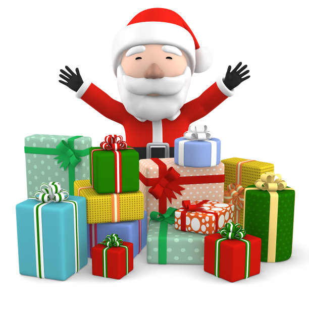 3D渲染的圣诞老人与许多礼物，快乐的圣诞图标，有趣的卡通圣诞爷爷，圣诞问候的装饰。图片下载