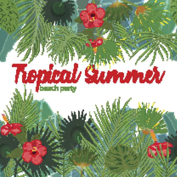 手绘热带棕榈叶和丛林异国情调的花传单模板在白色的背景与无缝框架边界图片下载