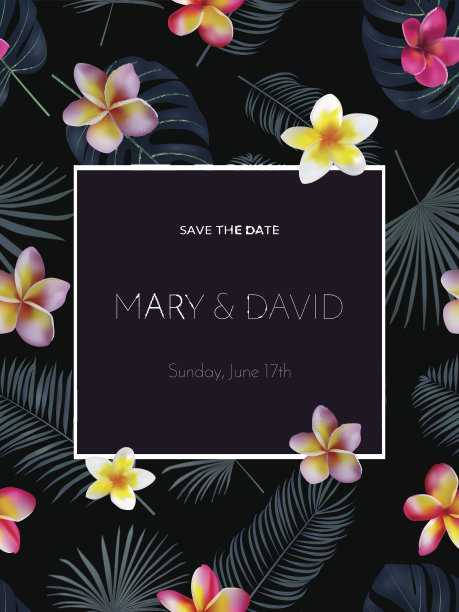热带矢量婚礼邀请设计与兰花花和异国情调的棕榈叶在黑暗的背景。图片下载