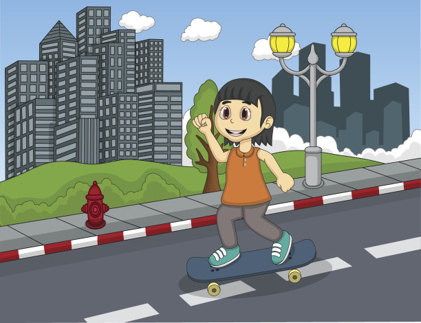 孩子们在街头玩滑板的卡通图片下载