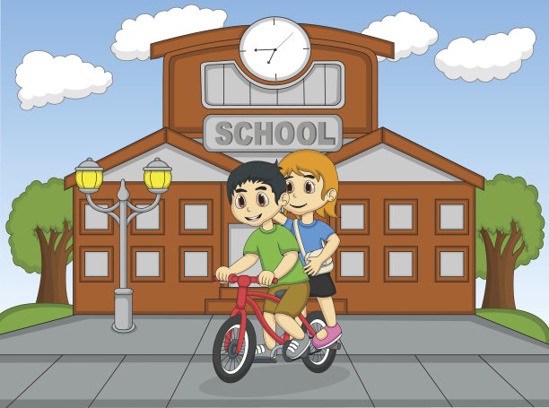 孩子们在学校前面骑自行车图片下载