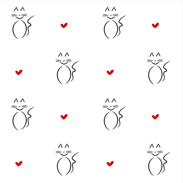 可爱的黑白红线性猫无缝矢量图案背景插图图片下载