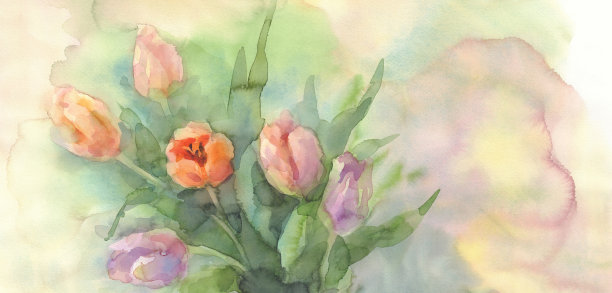 在花瓶水彩画郁金香图片下载