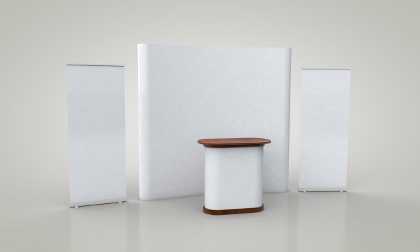 Roll Up and Pop Up横幅看台。贸易展览摊位白色和空白展位。素材图片