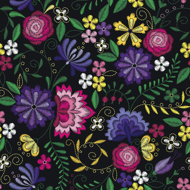 刺绣无缝图案与美丽的花朵。向量花卉装饰在黑色的背景。时装纺织品和面料的刺绣。图片下载