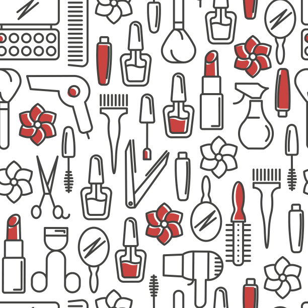 化妆品、化妆和美容配件无缝图案与细线图标。矢量插图。图片下载