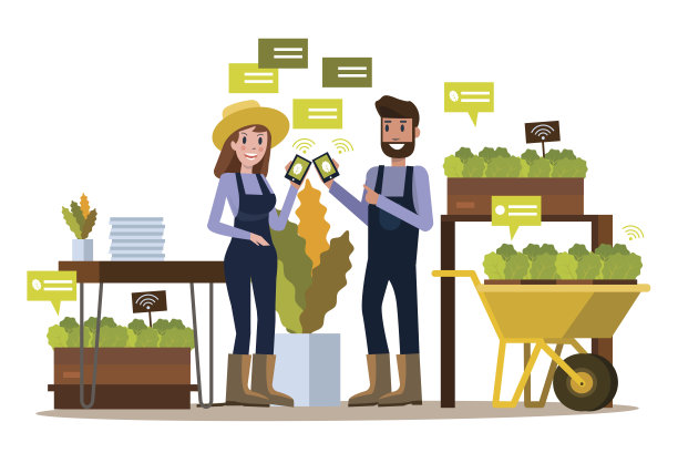 现代农民在温室里使用智能手机。素材图片