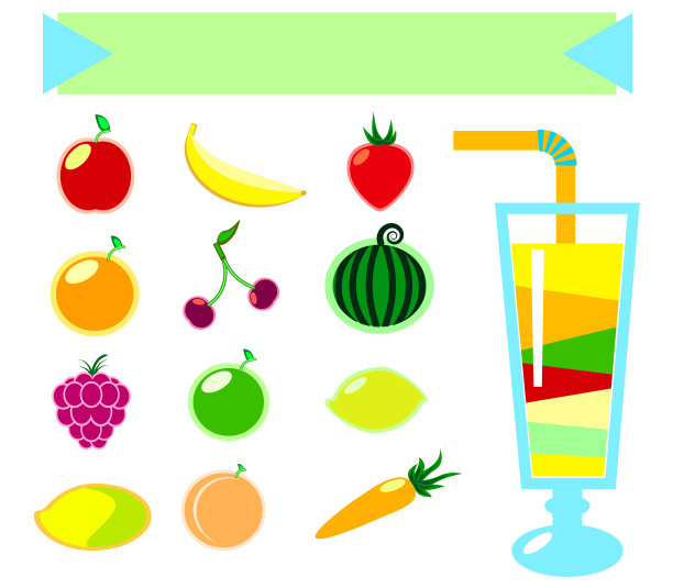 扁平的水果图标和果汁或冰沙在玻璃，矢量横幅与文本的地方图片下载