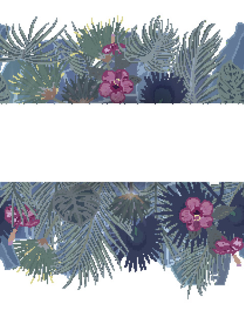 手绘热带棕榈叶和丛林异国情调的花假日模板在白色背景与无缝框架边界图片下载