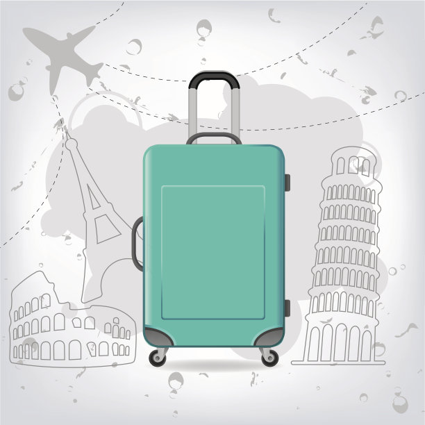 旅行包带有不同的旅游元素向量，罗马斗兽场，比萨斜塔，埃菲尔铁塔图片下载