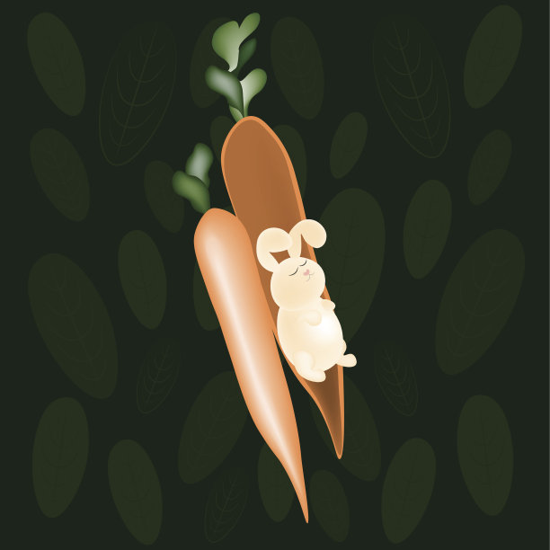 可爱的小兔子睡在胡萝卜孤立的绿色。矢量图图片下载