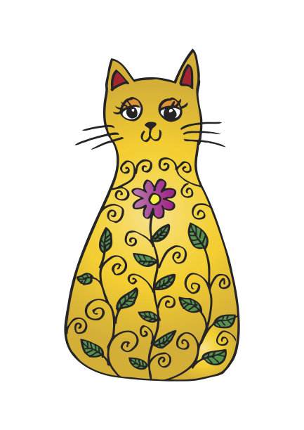 手绘涂鸦猫插图与抽象花卉装饰图片下载