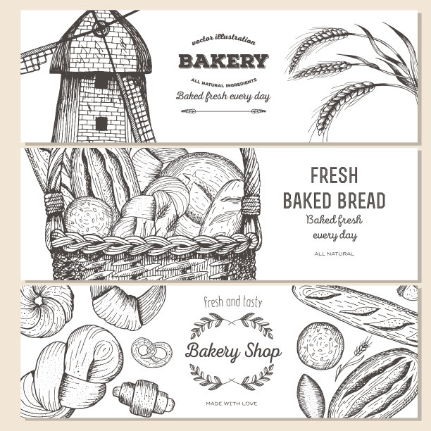 手绘面包横横幅。横幅。矢量插图在素描风格。面包店的旗帜套装。面包店设计模板。图片下载