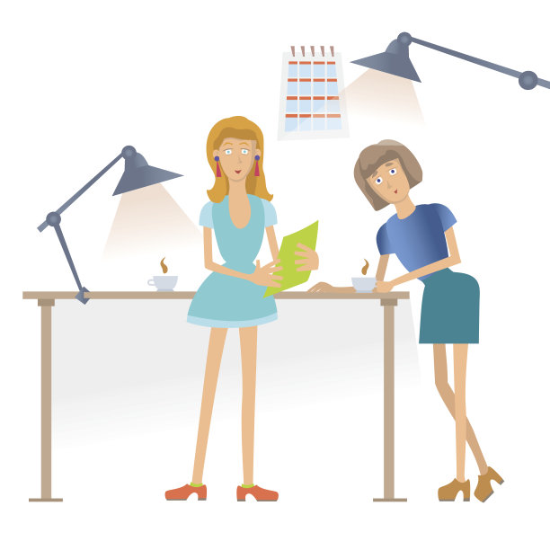 两个女人在办公室的工作场所边喝咖啡边聊天。矢量插图，孤立在白色上。图片下载