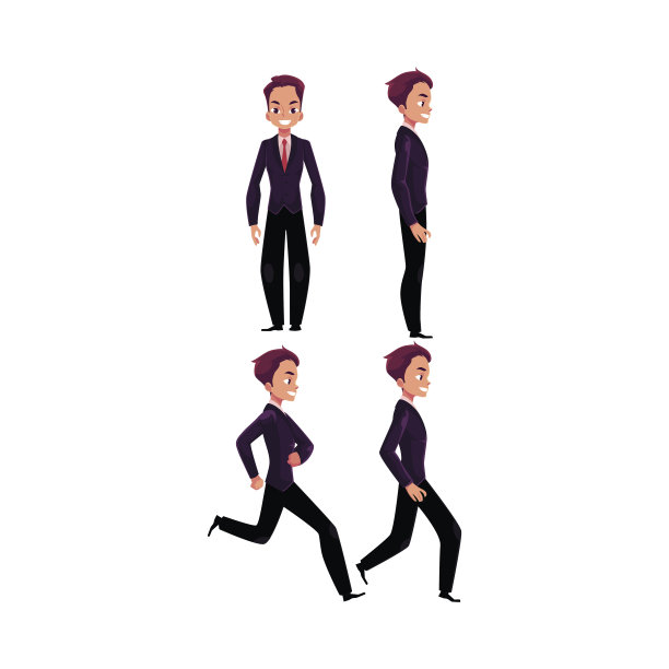 快乐的商人穿着西装站着，跑着，走着图片下载