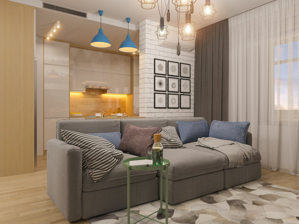 3d插画客厅和厨房室内设计。现代图片下载