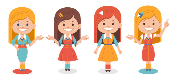 微笑可爱的女孩在不同的衣服在白色的背景。一组不同姿势的商业女性。的字符集图片下载