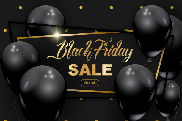 黑色星期五的横幅，矢量插图。金色闪光点图案，豪华边框，金色书法文字，黑色现实气球。平面设计元素的传单，促销。图片下载