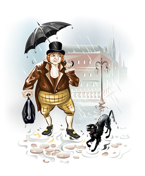 一个胖胖的绅士穿着棕色的大礼服，戴着大礼帽，在雨天撑着伞走在城市的街道上。矢量插图。图片下载