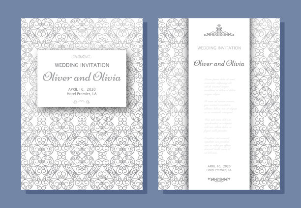 一套婚礼邀请模板。封面设计与银色漩涡饰品图片下载