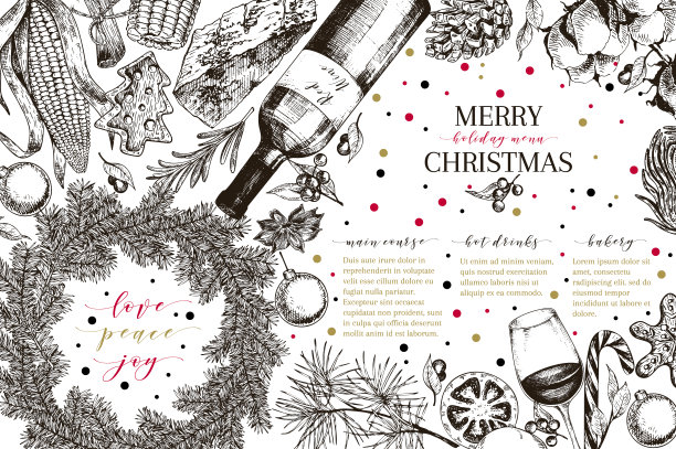 如意菜单。矢量草图复古风格的横幅。假日reataurnat晋升。圣诞装饰、食物。棉花，姜饼，可可，酒，蔬菜。新年聚会。业务推广图片下载
