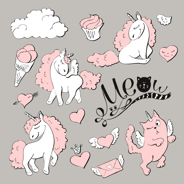 可爱的公主贴纸设置与独角兽。图片下载