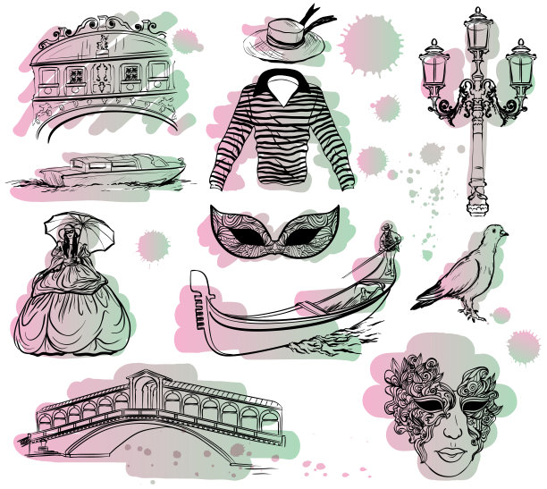 水彩画威尼斯素描与颜料滴图片下载