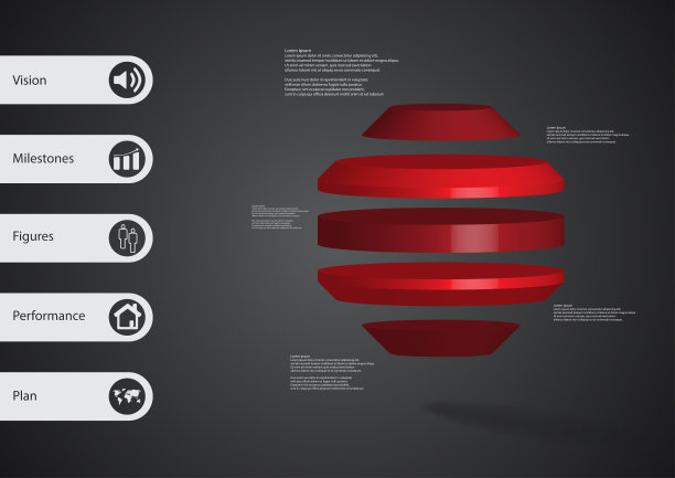 三维插图信息图形模板与主题的圆形八角形水平分割为五个红色切片与简单的标志和文字在一边的酒吧。用作背景的深灰色渐变。图片下载