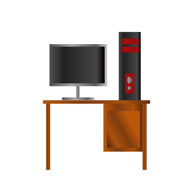 黑色和红色的设计Pc电脑和液晶显示屏上的木桌插图孤立的背景图片下载