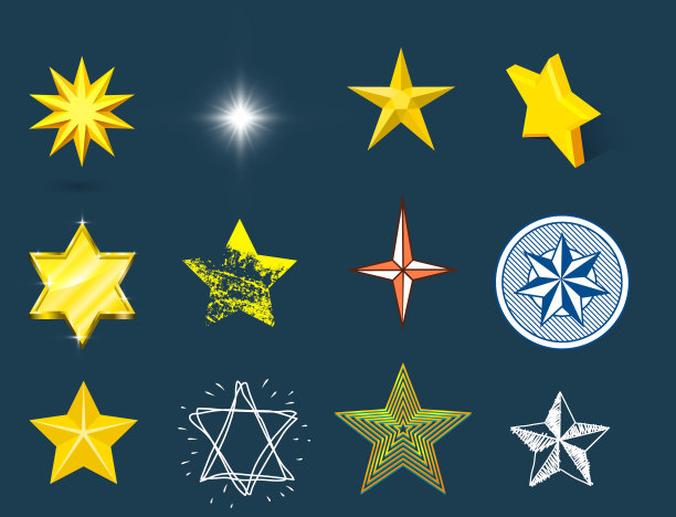 不同的风格形状剪影，闪亮的星星图标收集向量插图在蓝色的背景图片下载
