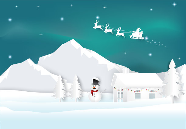 圣诞老人与极光天空背景。圣诞季纸艺术风格的插图。图片下载