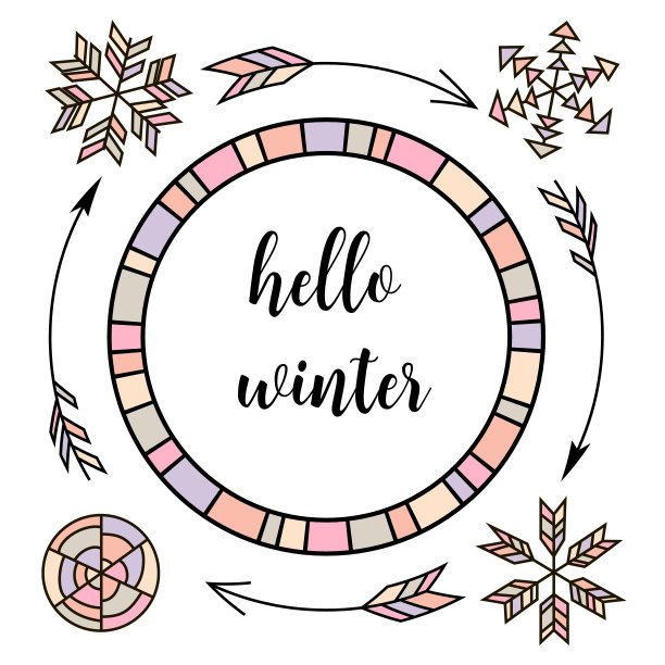 你好,冬天。复古的印刷颜色设计元素。箭，冷杉，圣诞树，手套，滑雪，冬青，书法，装饰品图片下载