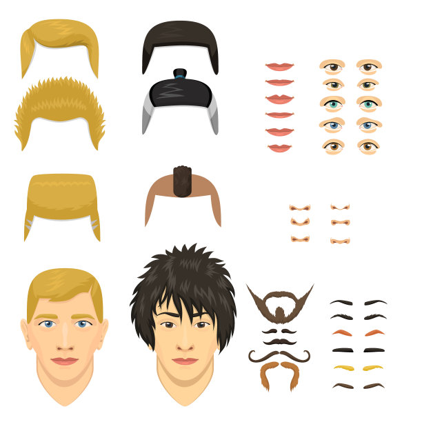 人的脸情绪构造部分眼睛，鼻子，嘴唇，胡子，头像创造者向量卡通人物创造备件备件动画图片下载