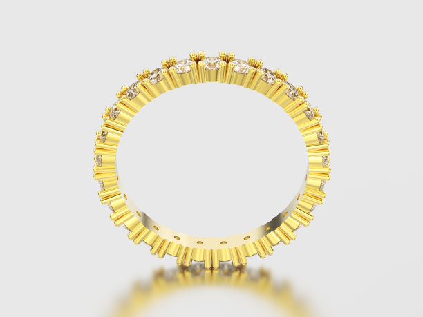 3D插图黄色黄金永恒带钻石戒指与反射和阴影图片下载