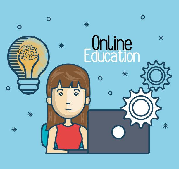 女孩在线教育与笔记本电脑的设计图片下载