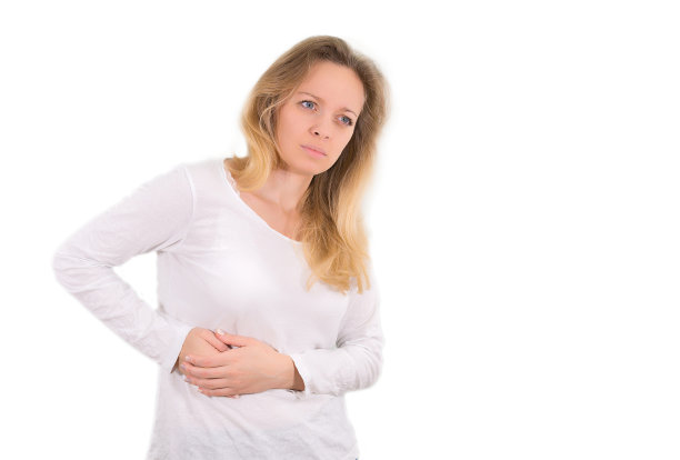 金发女孩的肝脏疼。孤立在白色背景上。模型素材图片