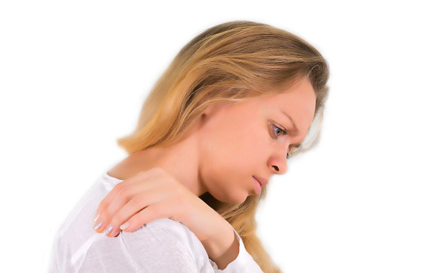 金发女孩肩膀酸痛。孤立在白色背景上。模型图片下载