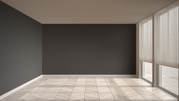 空旷的房间，有大的全景窗户，灰色的墙壁和木地板。装修理念，建筑室内设计。图片下载