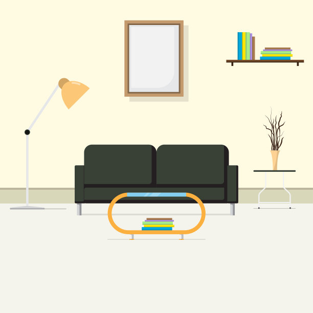 舒适的室内客厅，接待客人的房间。沙发和可调标准灯。装修和家具。平的风格。图片下载