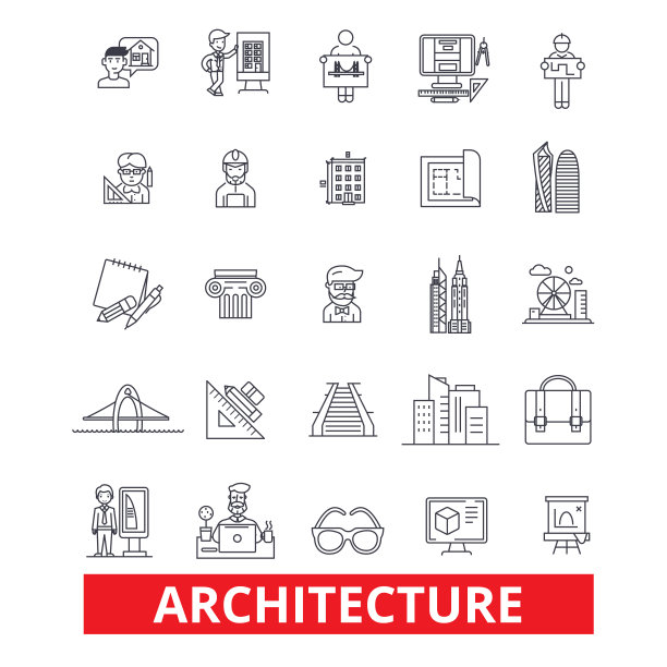 建筑，建筑，构造，设计，计划，蓝图，建筑师，工作室线条图标。可编辑的中风。平面设计矢量插图符号概念。线性符号孤立在白色背景上图片下载