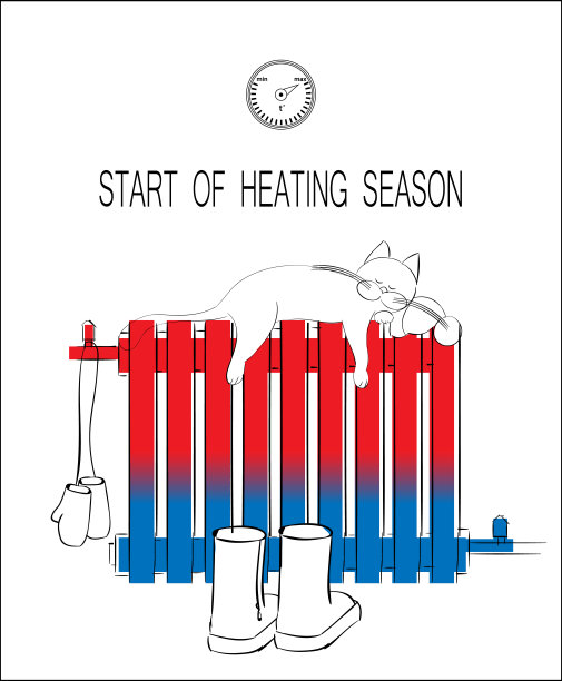猫睡在暖气片上。帽子，手套和雨靴用铁暖气片烘干。采暖季节开始绘制矢量概念。图片下载