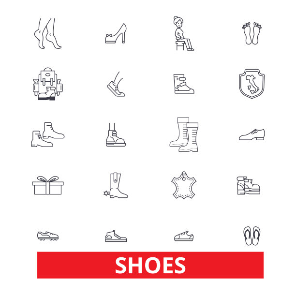 采购产品鞋子，女人，鞋类，钉鞋，拖鞋，靴子，运动鞋，高跟鞋，鹿皮鞋线图标。可编辑的中风。平面设计矢量插图符号概念。线性符号孤立在白色背景上图片下载