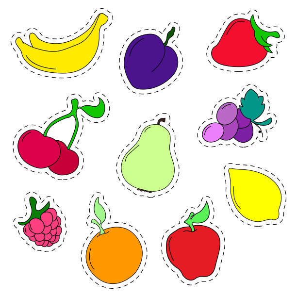一套贴纸水果在一个扁平的风格。行图标。矢量插图。图片下载