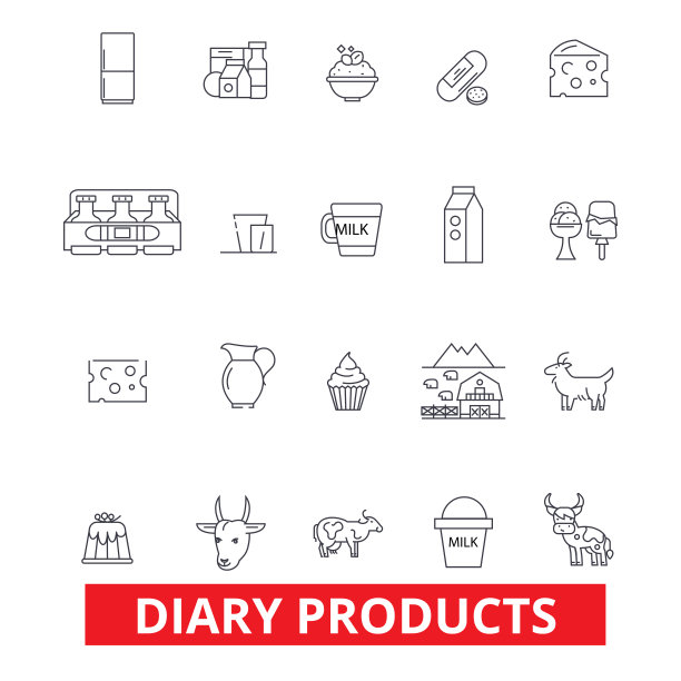 乳制品、牛奶、黄油、奶油、奶酪、冰淇淋、酸奶油、奶粉等系列图标。可编辑的中风。平面设计矢量插图符号概念。线性符号孤立在白色背景上图片下载