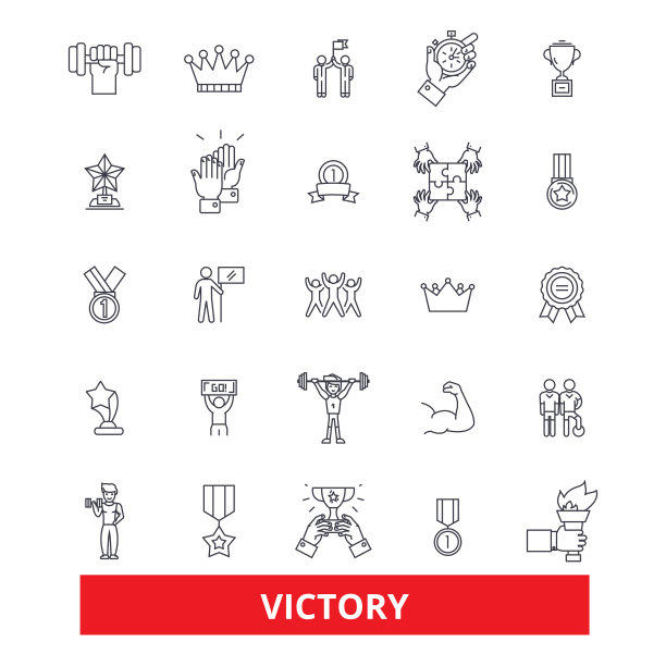 胜利，冠军，胜利，胜利者，成功，胜利，成就，成就线图标。可编辑的中风。平面设计矢量插图符号概念。线性符号孤立在白色背景上图片下载