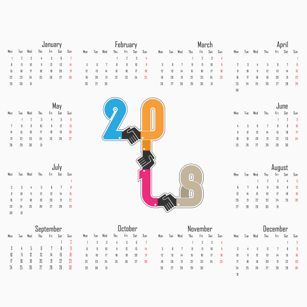 2018年日历模板。2018年日历。矢量设计文具模板。星期从星期一开始。年度日历模板。日历2018套12个月。图片下载