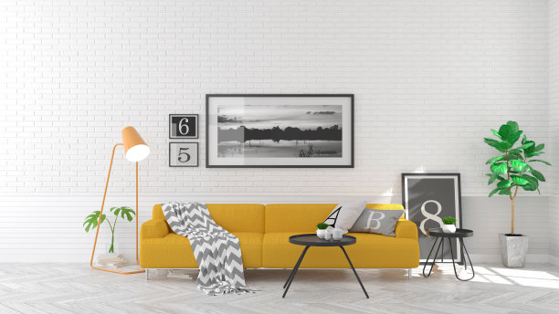 斯堪的纳维亚风格，客厅室内概念，黄色沙发木地板和白色砖墙，三维渲染图片下载