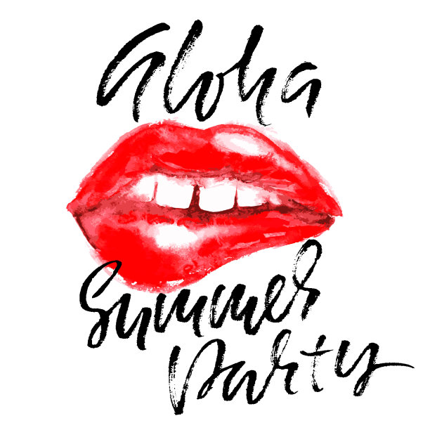 你好夏季派对手绘字母孤立在白色背景为您的设计。水彩垃圾摇滚风格的红唇。矢量插图。现代干刷题词。图片下载
